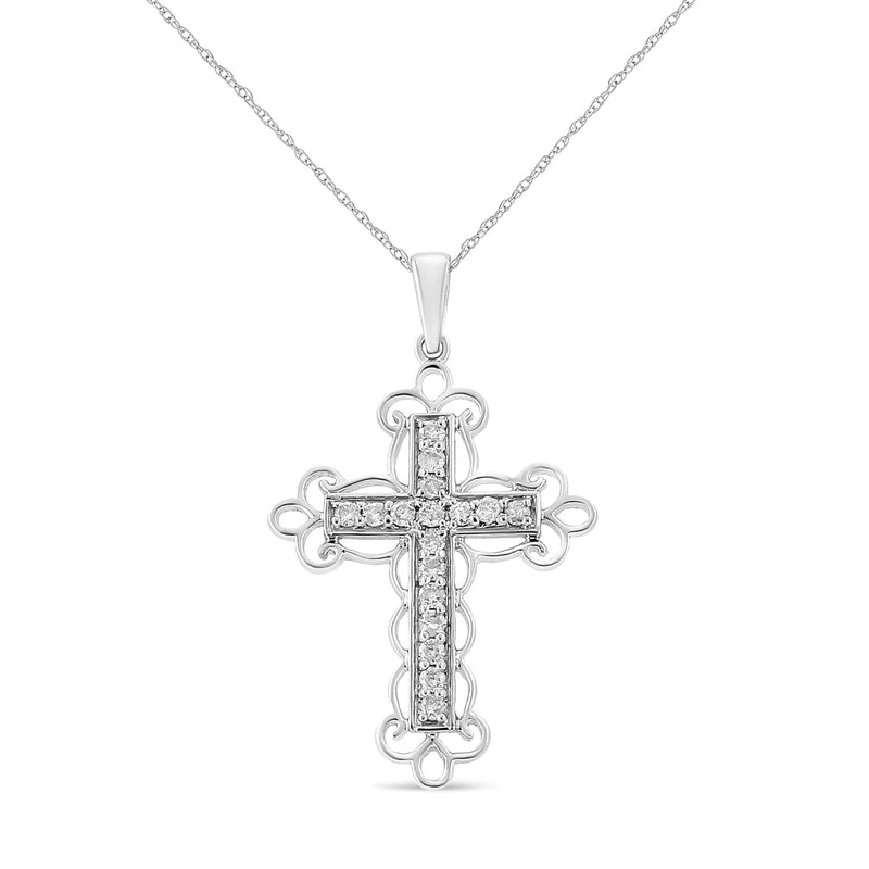 .925 Sterling Silver 1/4 Cttw Round Cut Diamond Art Deco Style Cross 18" Pendant Necklace (J-K Color, I2-I3 Clarity)