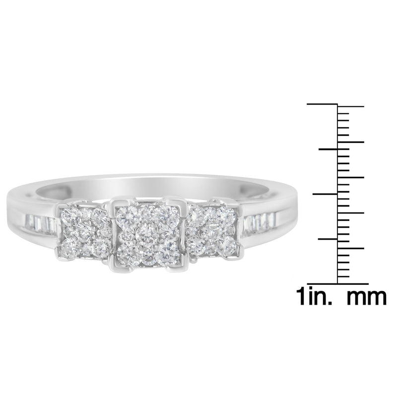 10K White Gold 1/2 Cttw Brilliant & Baguette Cut Diamond 3 Stone Design With 3 Square Clusters Engagement Ring (H-I Colo