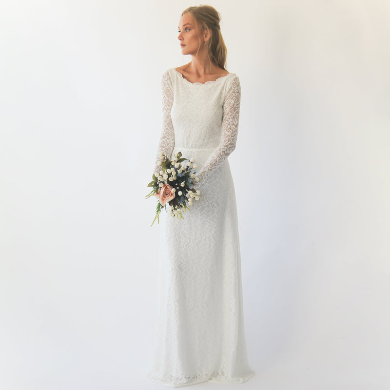 Bestseller Long Sleeves Boat Neckline Modest Wedding Dress  #1297