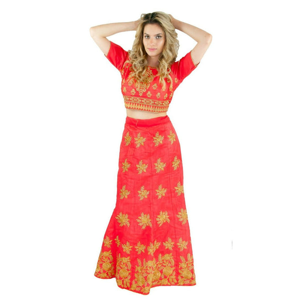 Red and Gold Party Lehenga in Silk