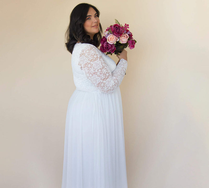Curvy  Ivory Roses Lace Wedding Dress With Maxi Chiffon Skirt #1317