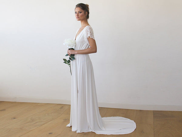 Ivory Wrap Wedding Gown With Short Lace Sleeves and Train 1163