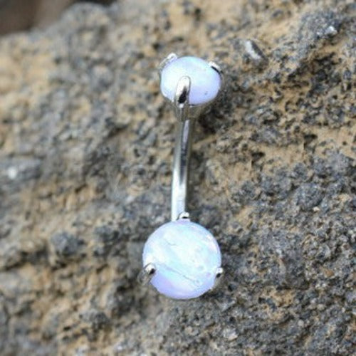 316L Stainless Steel Navel Ring With Prong Set White Synthetic Opal