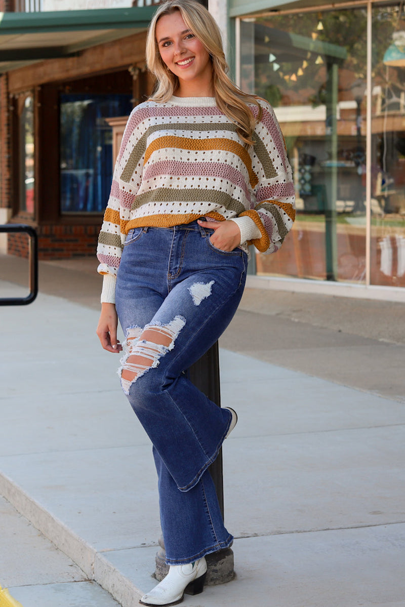 Caroline Striped Hollowed Knitted Loose Sweater