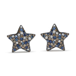 Black Rhodium Plated 18K White Gold 1.00 Cttw Diamond and Round Blue Sapphire Gemstone Micro-Pave Star Stud Earrings (Br