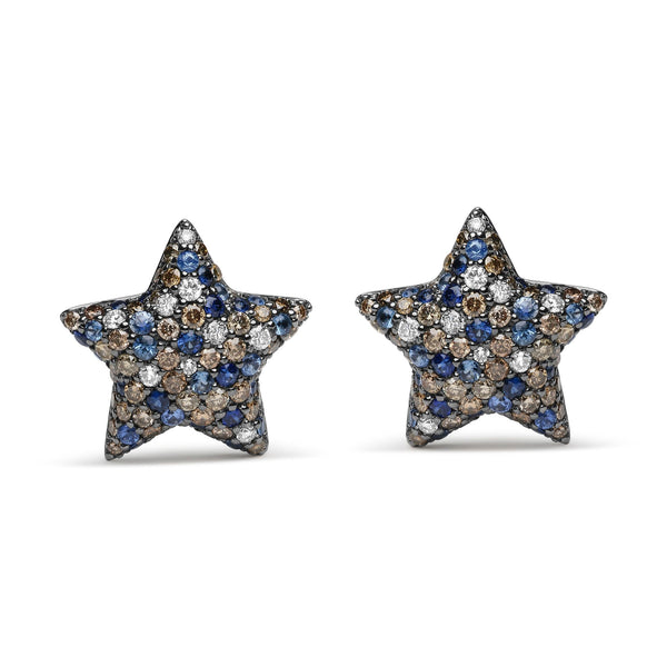 Black Rhodium Plated 18K White Gold 1.00 Cttw Diamond and Round Blue Sapphire Gemstone Micro-Pave Star Stud Earrings (Br