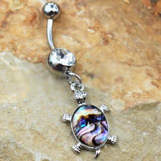 316L Stainless Steel Teal Abalone Inlay Turtle Dangle Navel Ring