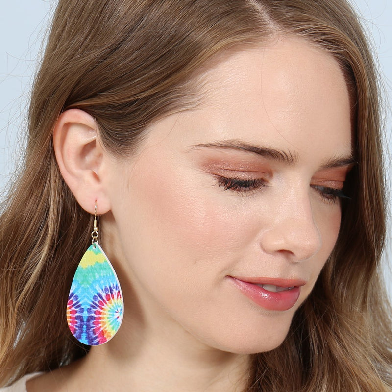 Hde2903 - Multicolor Abstract Leather Printed Teardrop Hook Earrings