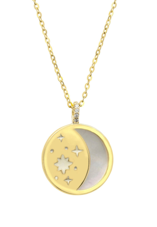 Star and Moon Mother of Pearl Disc Necklace Gold