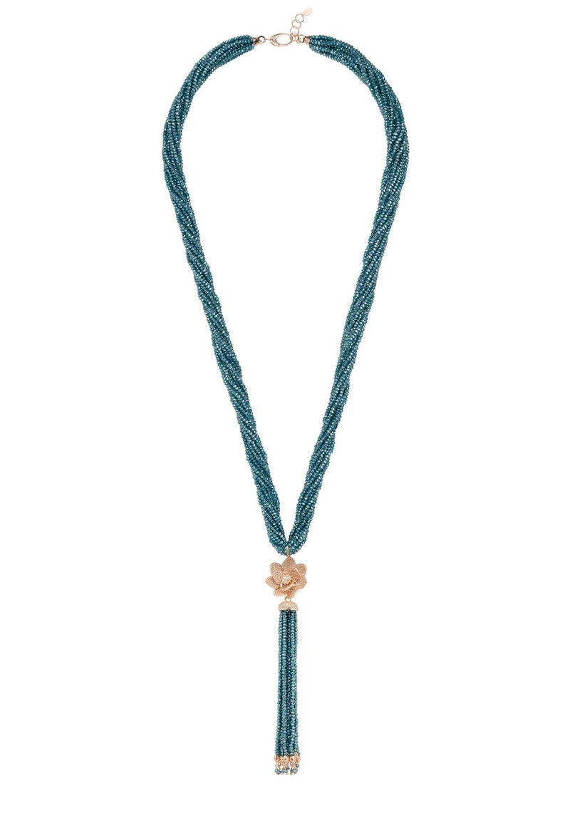 Lotus Flower Tassel Statement Necklace Turquoise Blue Rosegold