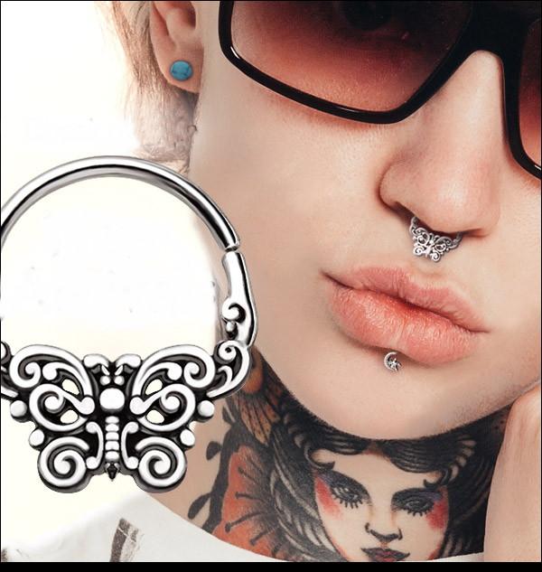 316L Stainless Steel Ornate Butterfly Seamless Ring / Septum Ring