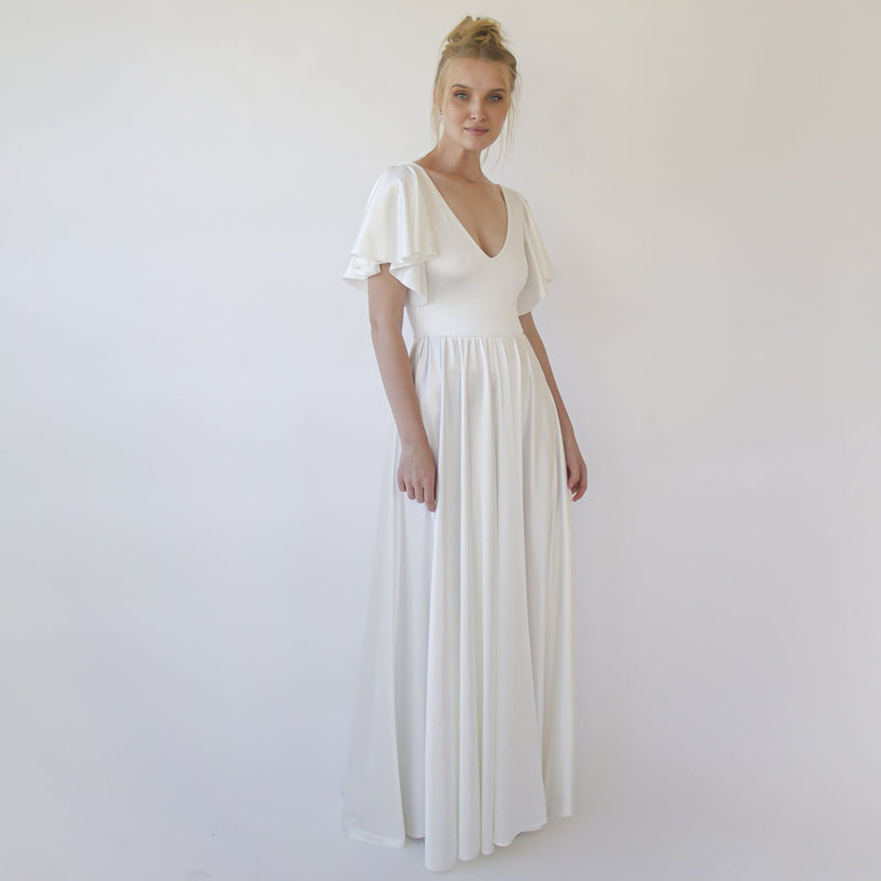 Minimalist Wedding Dress, Elegant Satin Butterfly Sleeves Ivory Wedding Dress #1349