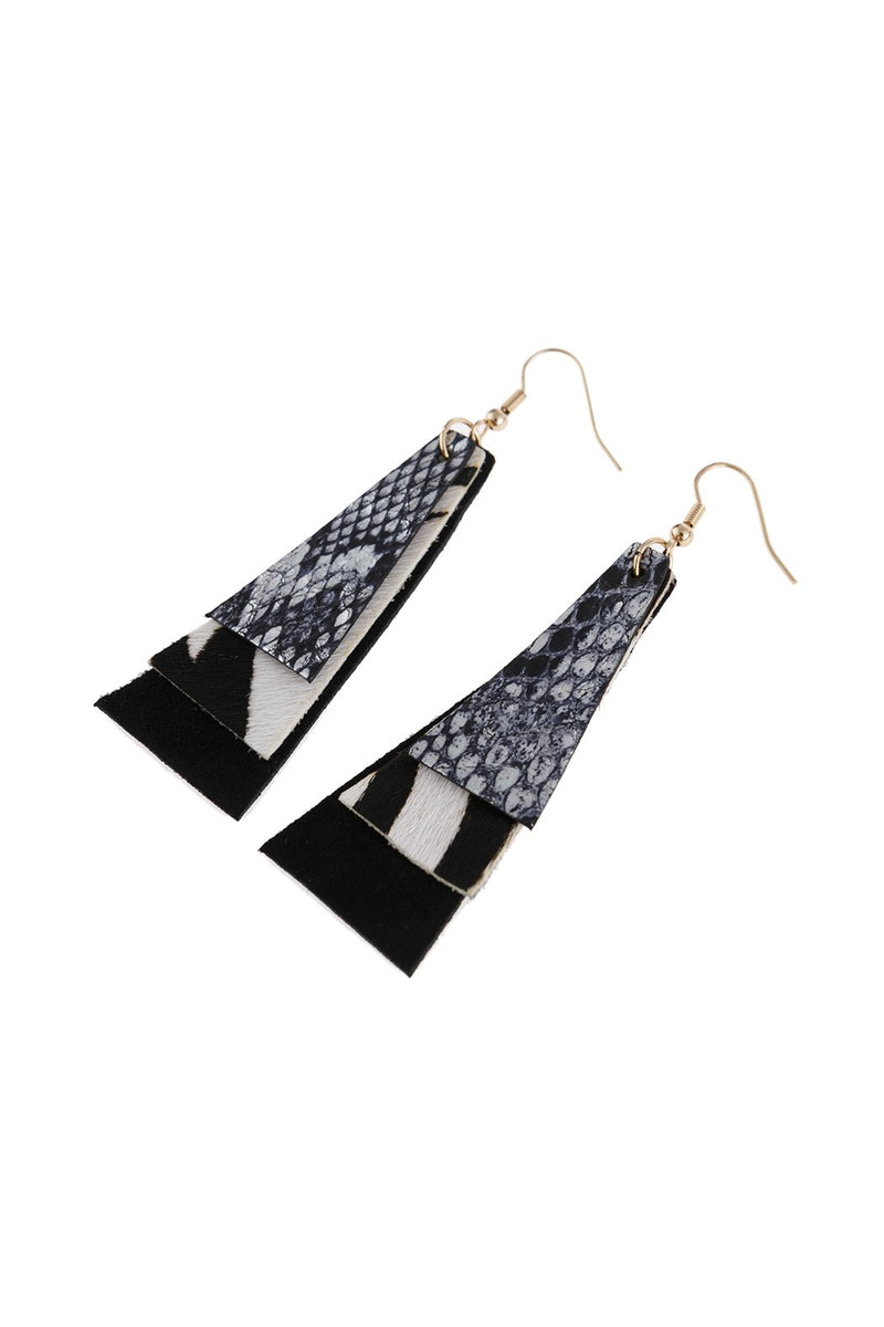 Hde2890 - Animal Print Layered Leather Trapezoid Hook Earrings