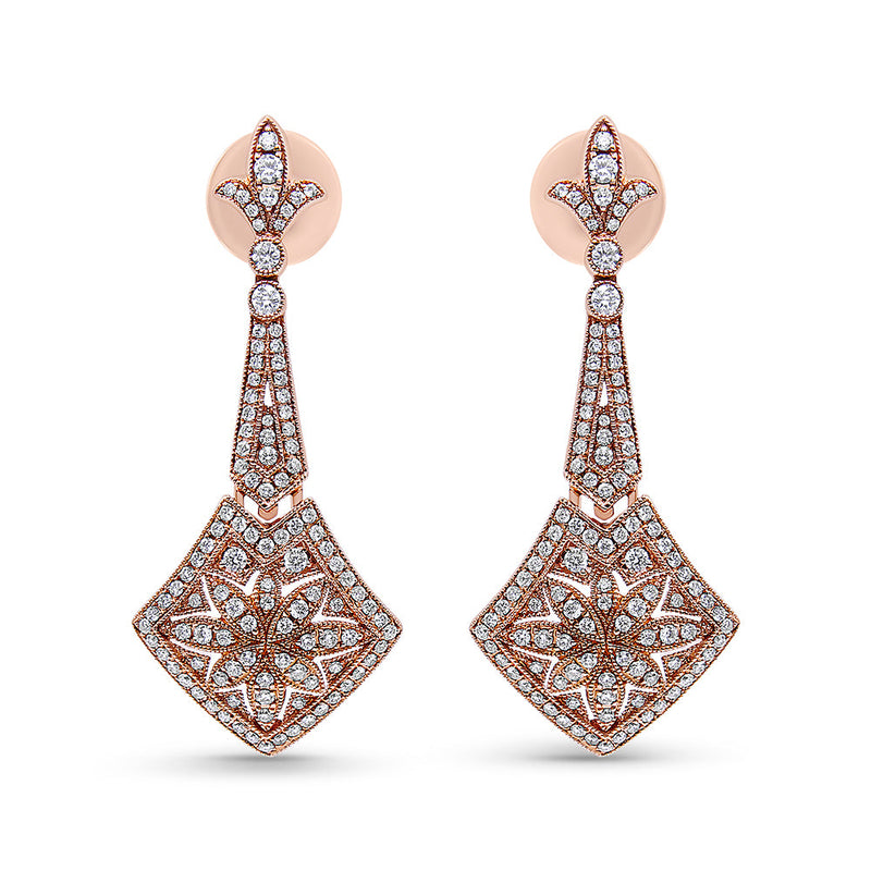 18K Rose Gold 1 1/3 Cttw Diamond Studded Fleur De Lis Trellis Style Drop and Dangle Earring (F-G Color, VS1-VS2 Clarity)