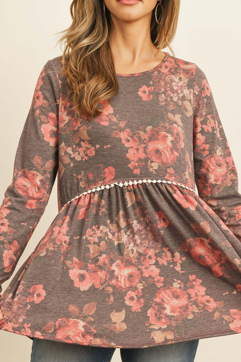 Floral Long Sleeved Cinch Waist Lace Detail