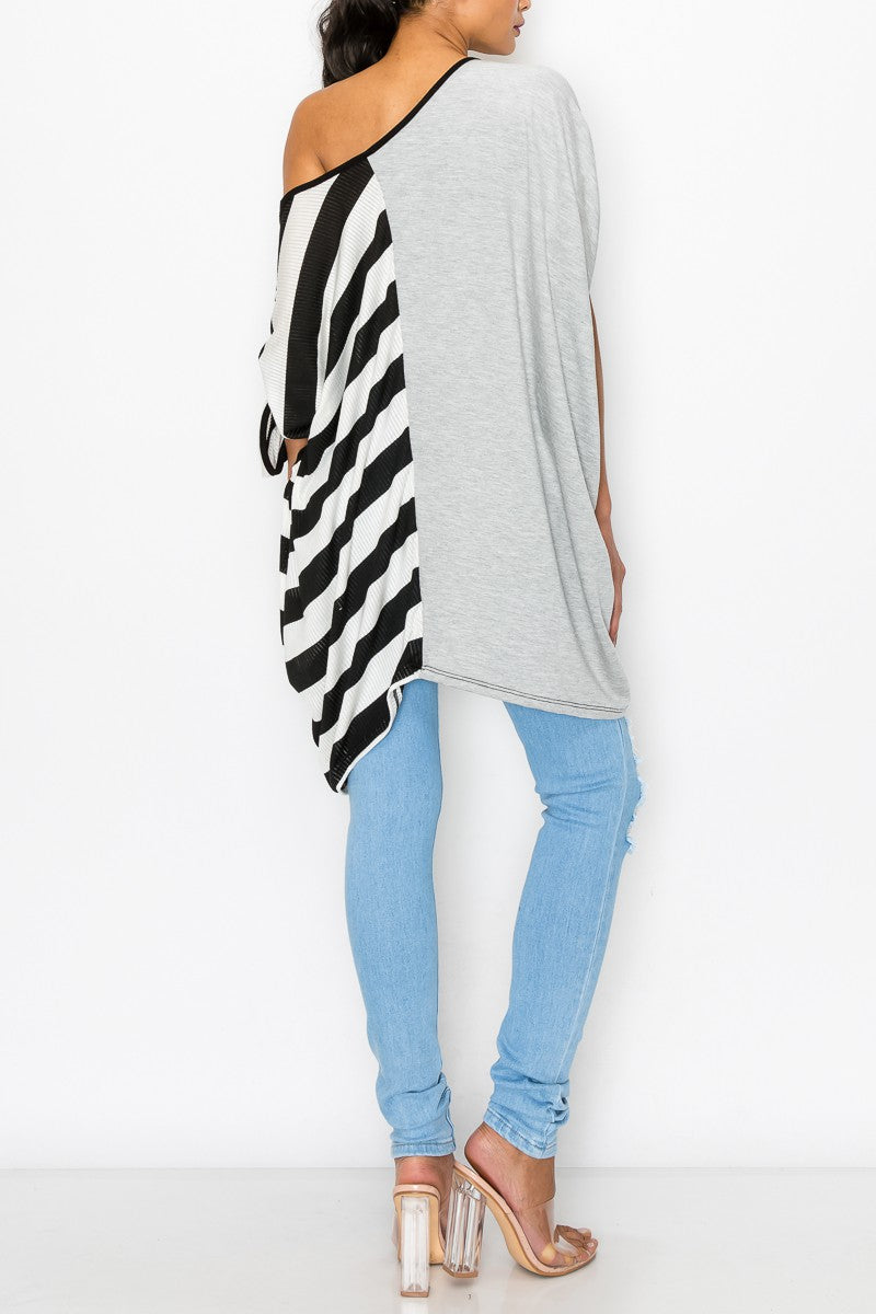 Stripe and Solid Contrast Oversized Top - Grey/Black