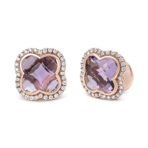 18K Rose Gold 3/8 Cttw Diamond and 11x11mm Clover-Cut Purple Amethyst Gemstone Clover Halo Stud Earrings (G-H Color, SI1