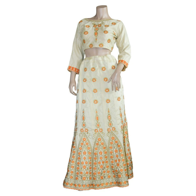 Beige Embroidered Lehenga With Orange or Pink Embroidery and Contrast Duppatta