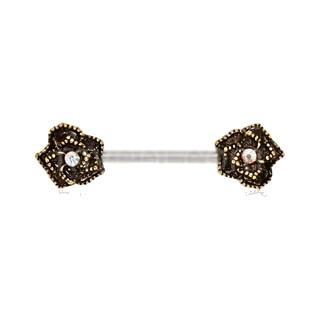 316L Stainless Steel Nipple Bar With Antique Gold Plated Flower