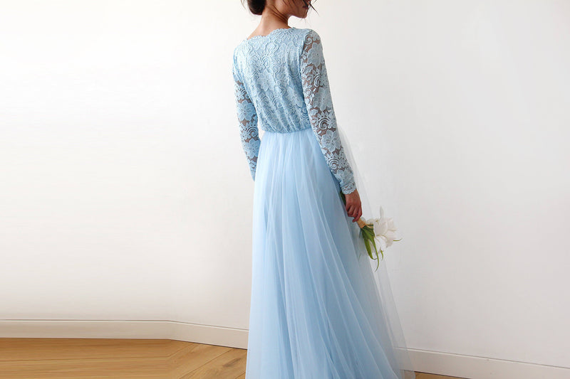Light Blue Tulle and Lace Long Sleeve Wedding Train Gown 1164