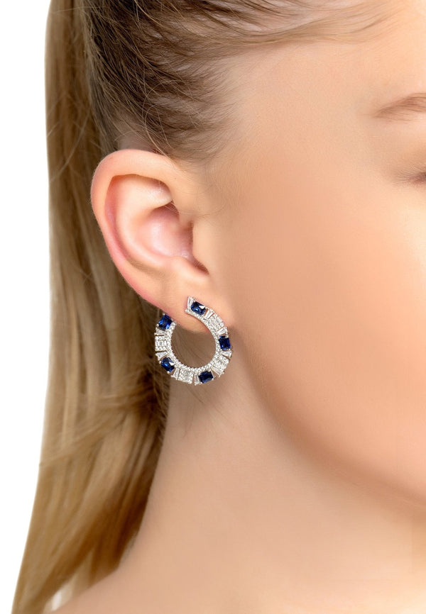 Freya Baguette Hoop Earrings Silver Sapphire