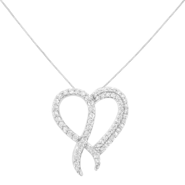 .925 Sterling Silver 1 Cttw Diamond Heart and Ribbon 18" Pendant Necklace (I-J Clarity, I2-I3 Color) - 18"
