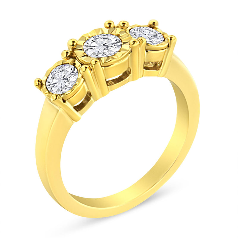 14K Yellow Gold Plated .925 Sterling Silver 1.00 Cttw Miracle-Set Round Diamond Three Stone Engagement Ring (K-L Color,