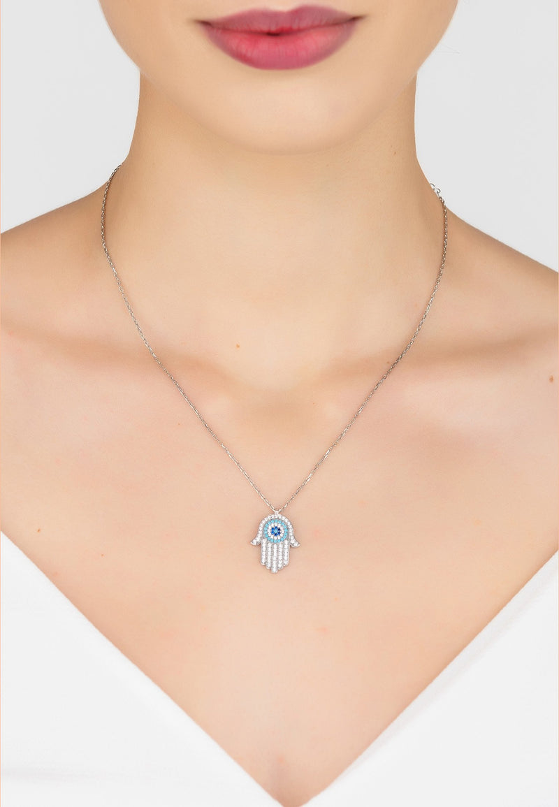 Hamsa Hand With Evil Eye Pendant Necklace Turquoise Silver