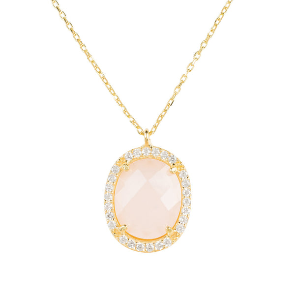 Beatrice Oval Gemstone Pendant Necklace Gold Rose Quartz
