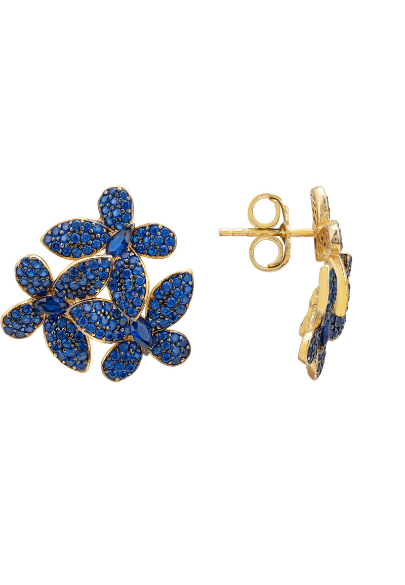 Flowers Large Stud Earrings Sapphire Blue Gold