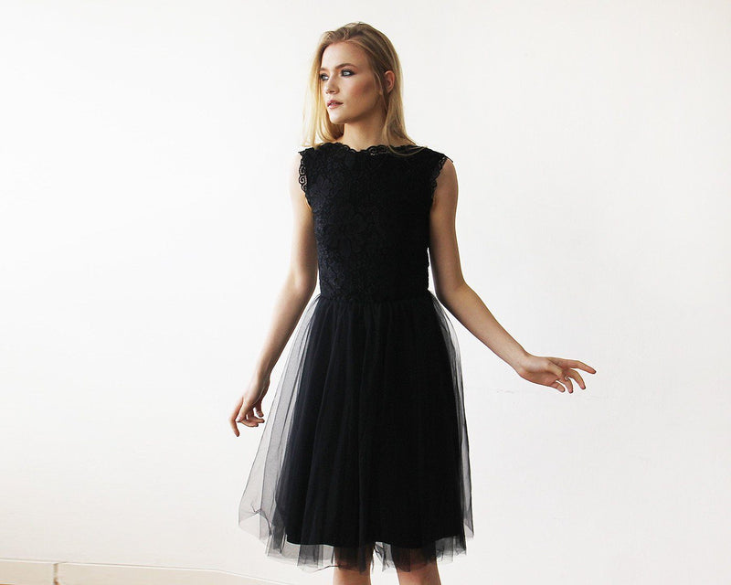 Lace and Tulle Black Sleeveless Midi Dress SALE 1159