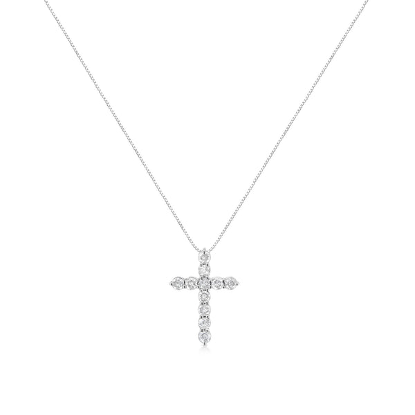 .925 Sterling Silver 1.0 Cttw Prong Set Round-Cut Diamond Cross 18" Pendant Necklace (I-J Color, I2-I3 Clarity)