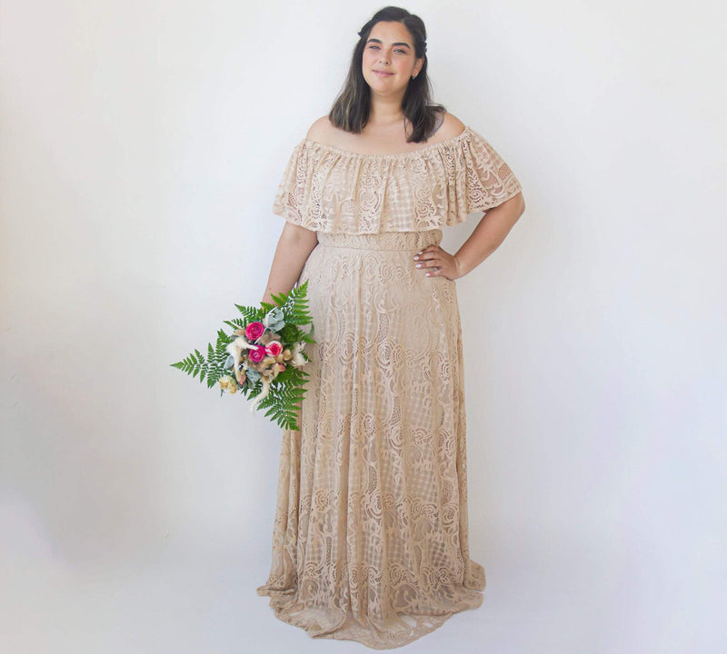 Champagne  Ruffled Crinkle Off-Shoulder Wedding Dress #1327