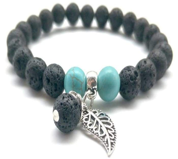 Black and Turquoise Feather Charm Lava Stone Essential Oil Bracelet