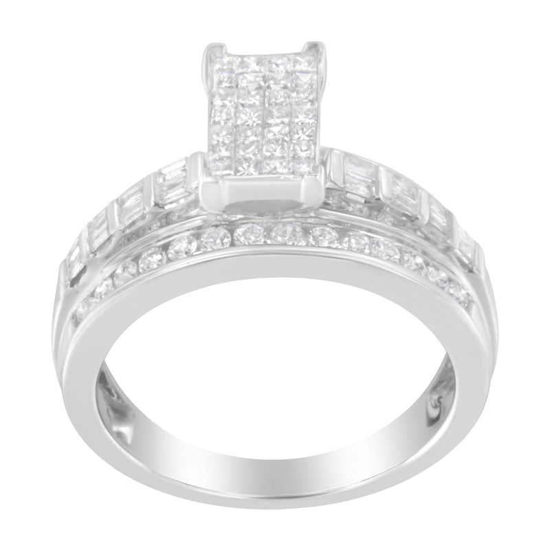 14K White Gold 1.0 Cttw Mixed-Cut Diamond Rectangle Invisible-Set Composite Cluster Ring With Bar- And Channel-Set Band