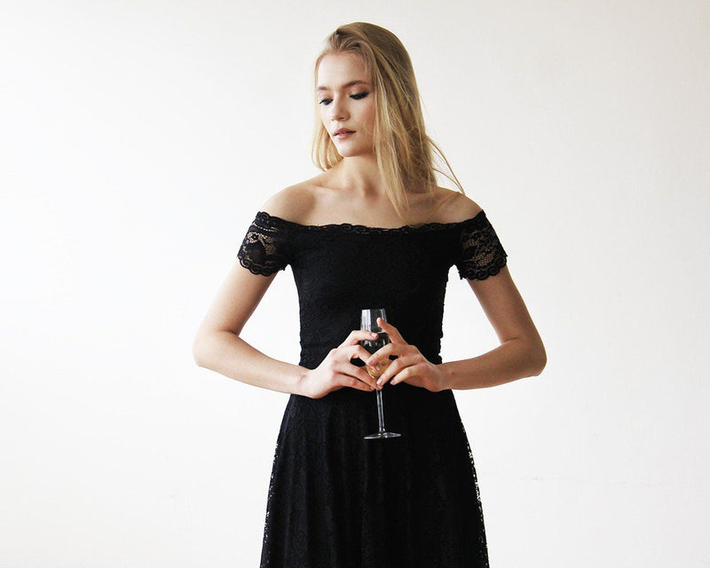 Off-The-Shoulder Short Sleeves Black Lace Midi Dress 1158