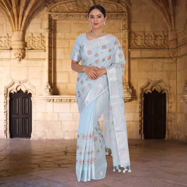 Tissue Banarasi Saree With Embroidery - Sky Blue