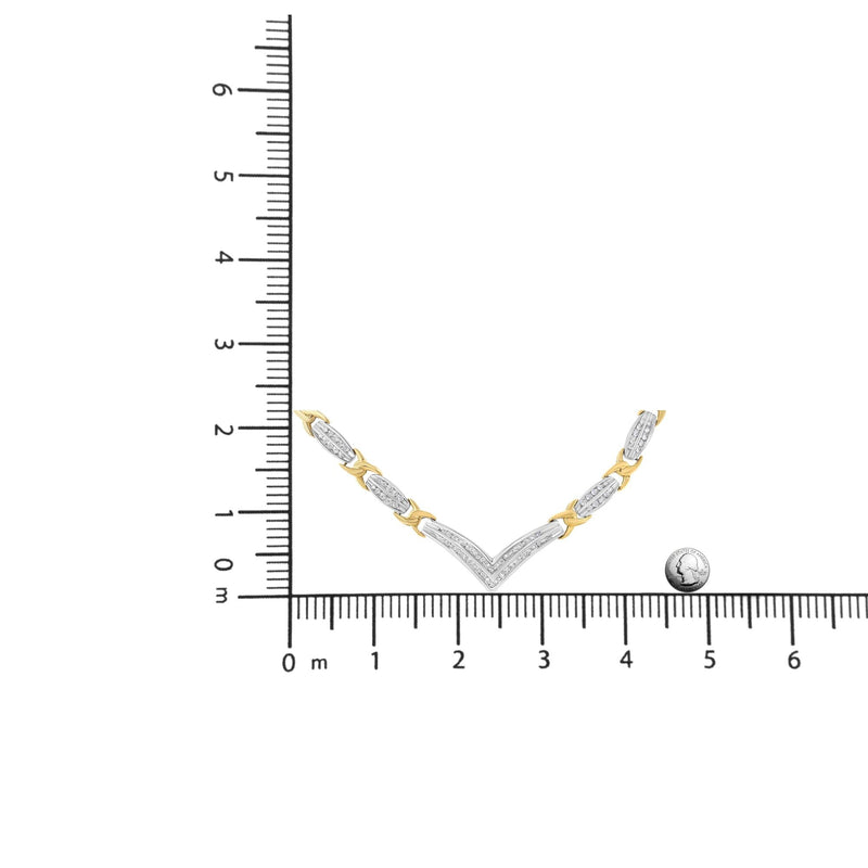 10K Yellow and White Gold 1.0 Cttw Round and Princess Cut Diamond "V" Shape Statement Necklace (I-J Color, I1-I2 Clarity