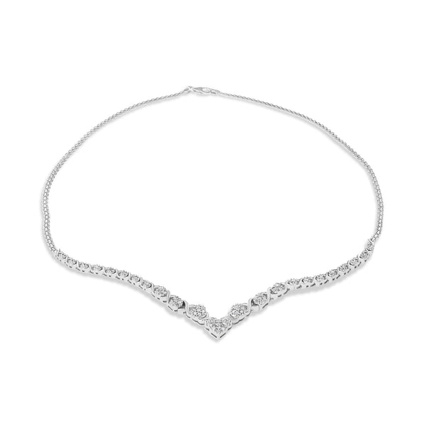 .925 Sterling Silver 1/2 Cttw Prong Set Round Diamond Graduated Cluster and Heart Center 18" Statement Necklace (I-J Col