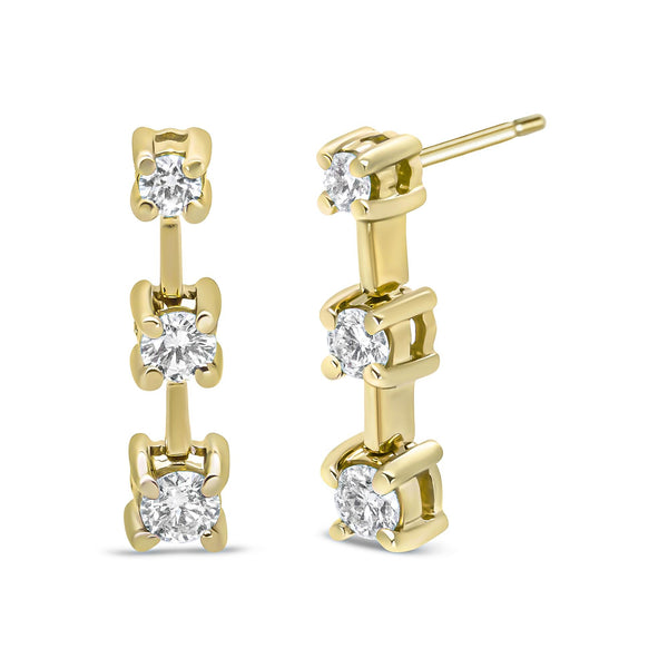 14K Yellow Gold 1/2 Cttw Round Diamond 3 Stone Graduated Linear Drop Past, Present and Future Stud Earrings (H-I Color,