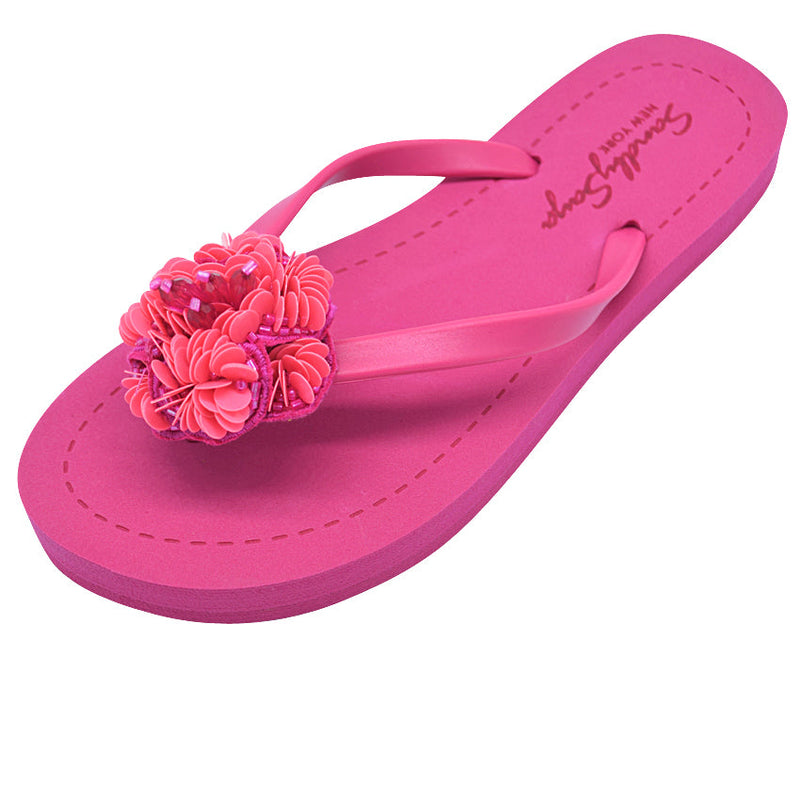 Pink Noho Flower- Embroidered Flat Flip Flops Sandal