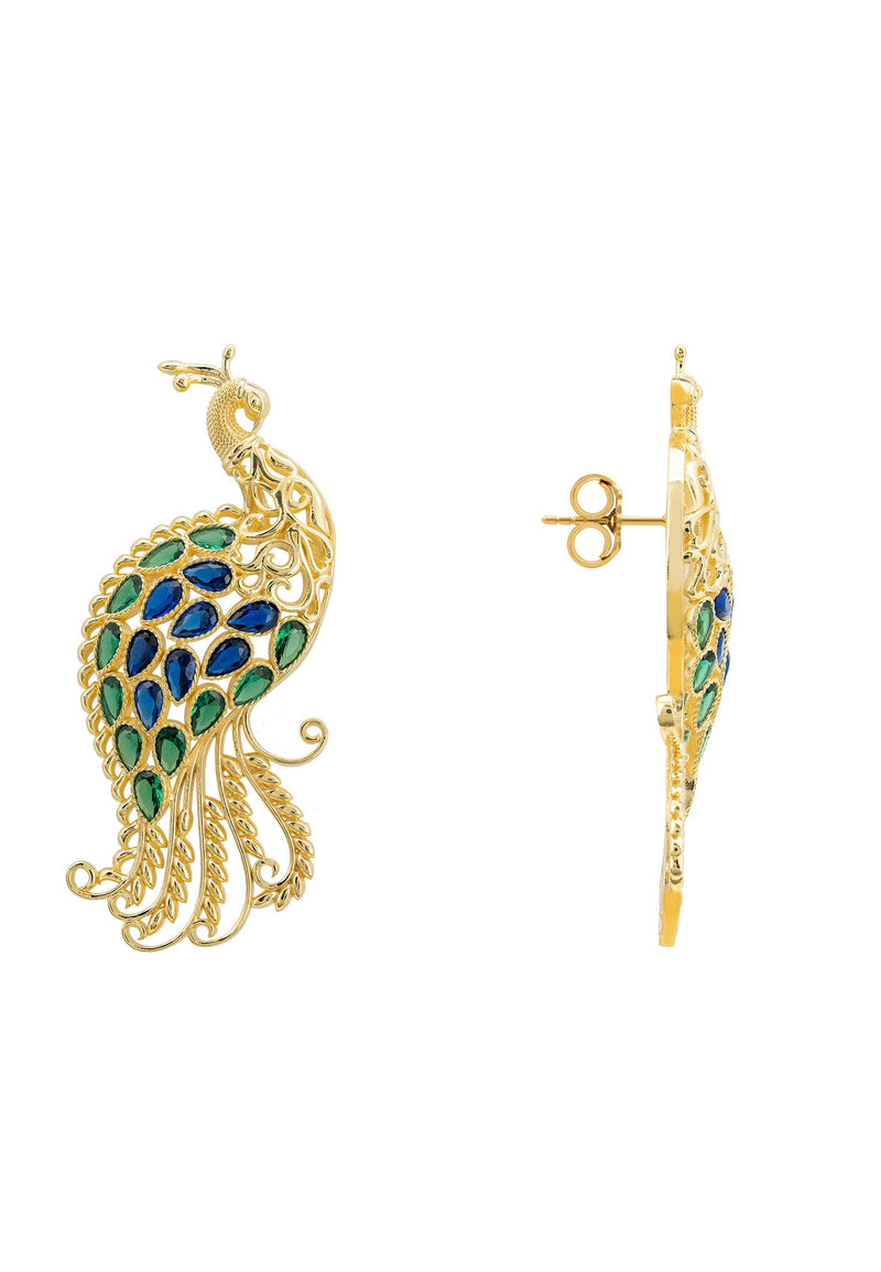 Peacock Train Earrings Gold Blue Green