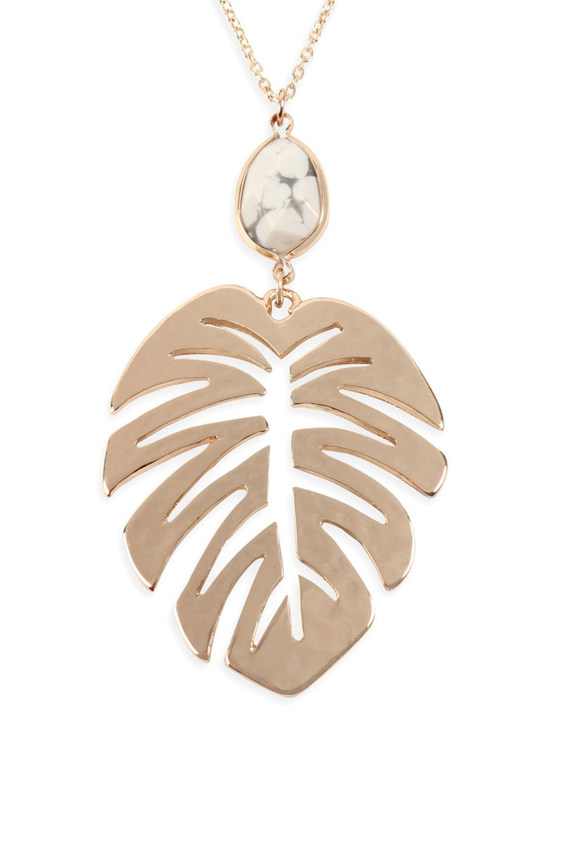B3n2194 - Monstera Leaf With Stone Pendant Necklace