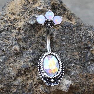 316L Surgical Steel Aurora Borealis CZ Navel Ring With Opal Fan Top