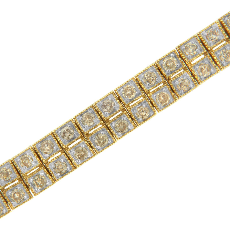 14K Yellow Gold Over .925 Sterling Silver 3.0 Cttw Diamond Double Row Square Milgrain Link 7” Tennis Bracelet (K-L Color