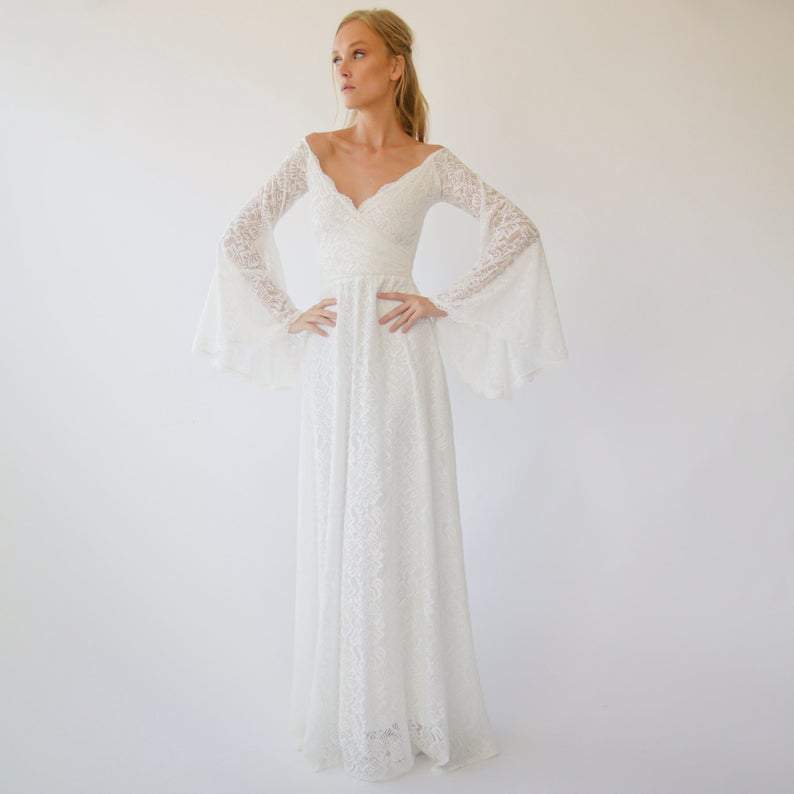 Bestseller Off the Shoulder Wrap Wedding Dress  With Bell Sleeves  #1279