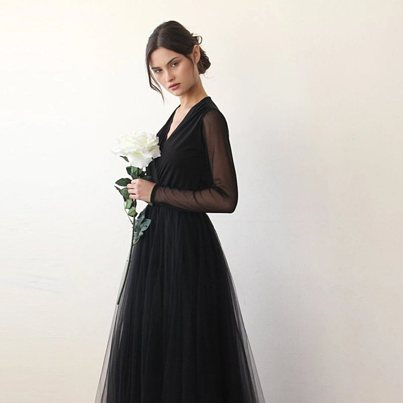 Curvy  Black Wrap Tulle  With Long Chiffon Mesh Sleeves  #1174