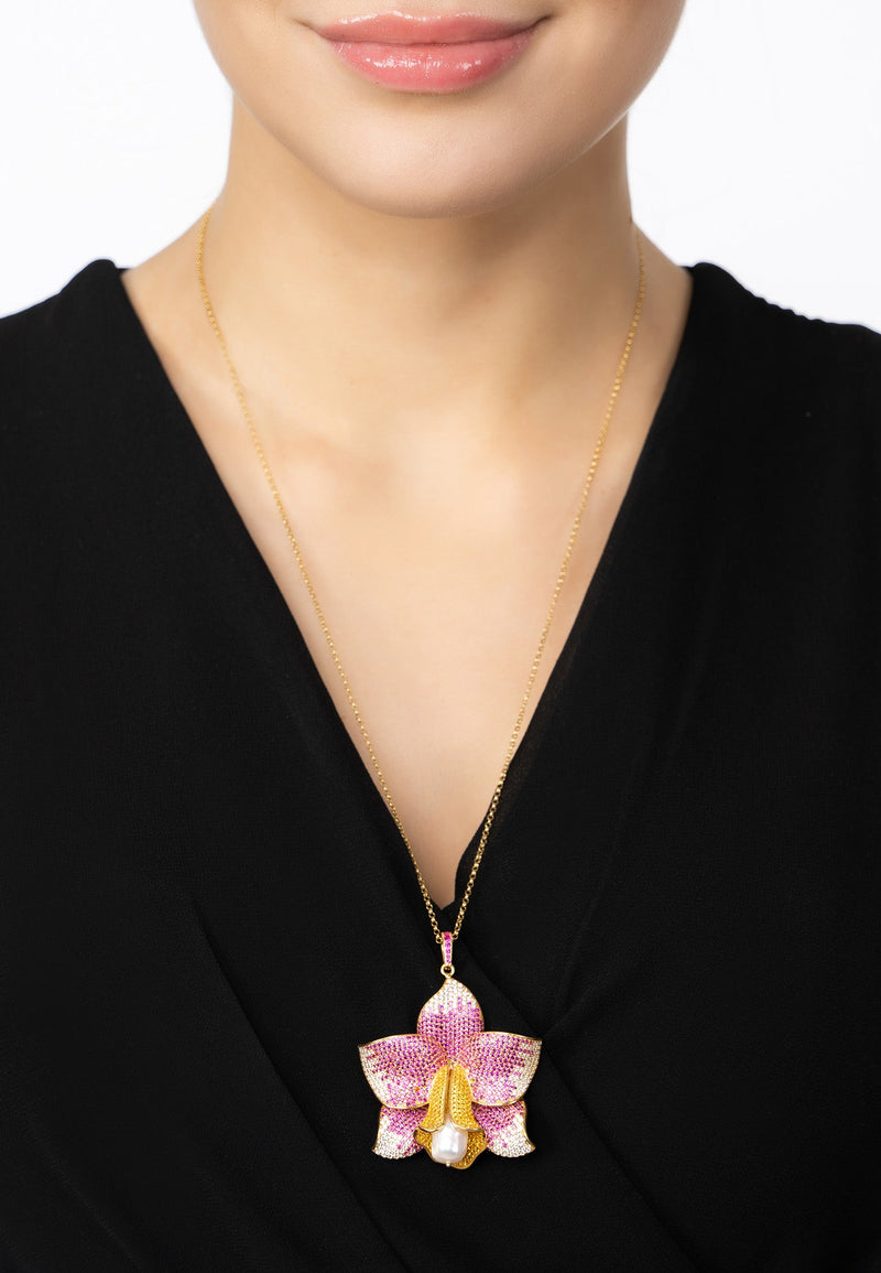 Daffodil With Pearl Pendant Necklace Gold Ruby CZ