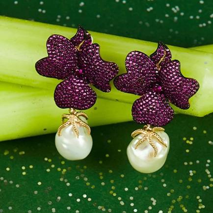 Baroque Pearl Ruby Red Flower Earring Rose Gold