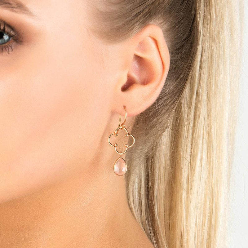 Open Clover Gemstone Drop Earring Rosegold Rose Quartz
